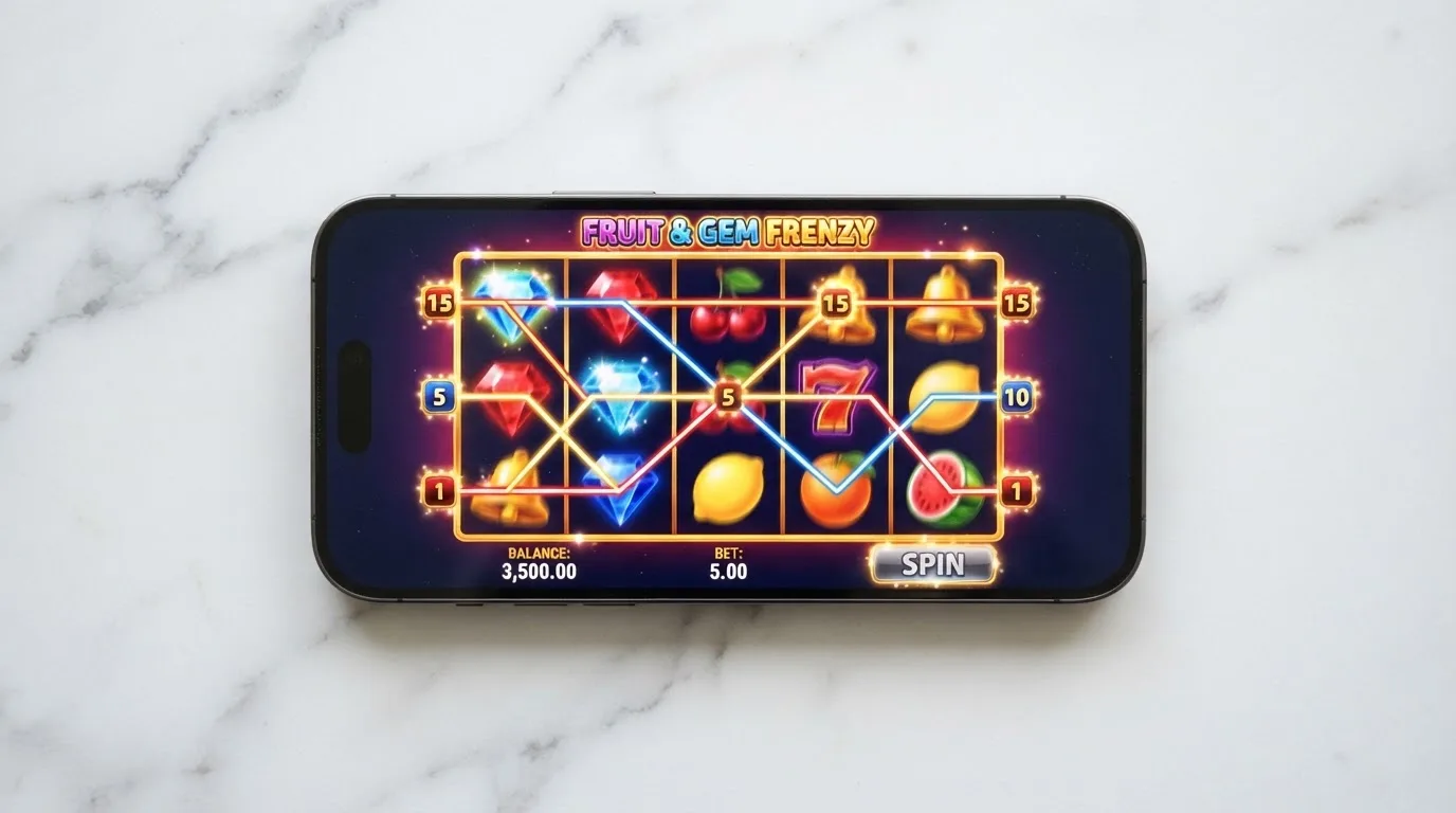 Grille d'une machine à sous éligible aux tours gratuits affichée sur l'écran d'un smartphone