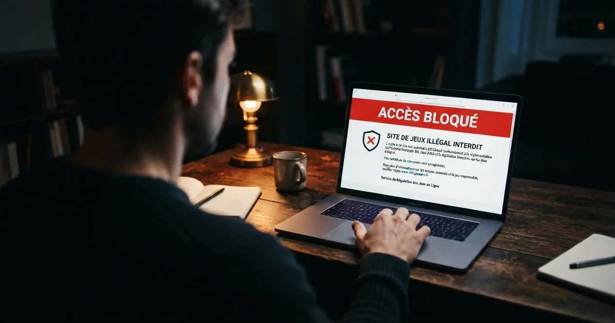 Page d'avertissement affichant le blocage d'un site de casino en ligne non autorisé en France