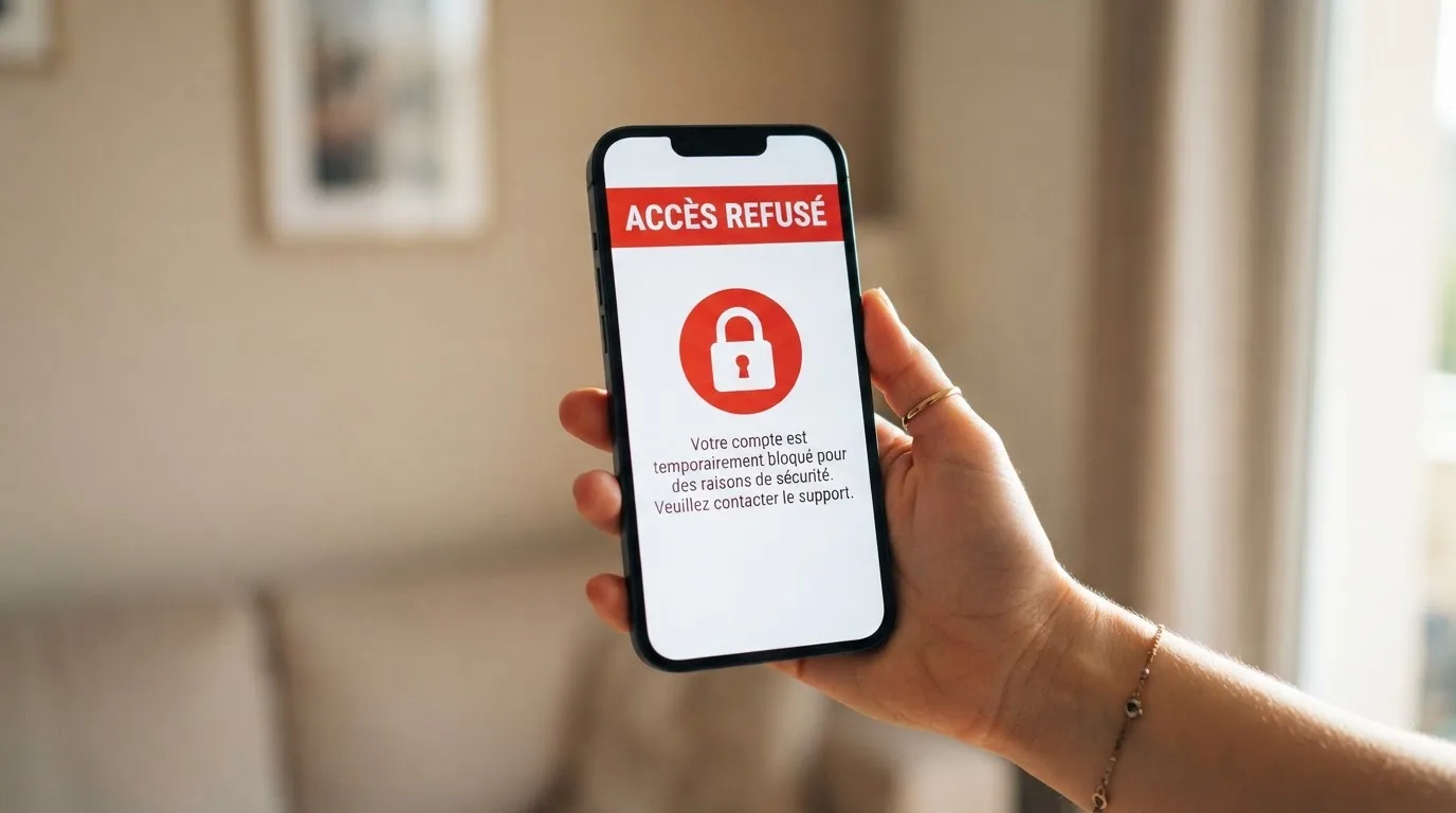 Main tenant un smartphone affichant un message d'avertissement d'accès bloqué