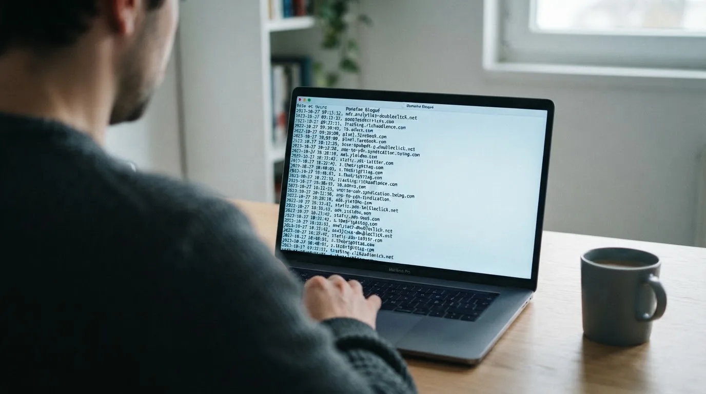 A browser window displaying a long CSV-style list of blocked website domains with decision dates in a column, no brand logos