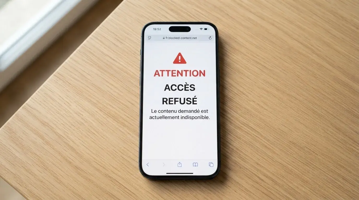 Page d'un navigateur affichant un message d'accès bloqué à un site de jeu, symbolisant le blocage administratif