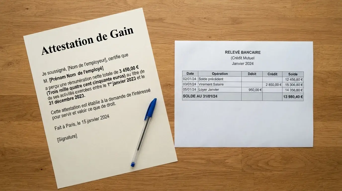 Document d'attestation de gain posé à côté d'un relevé bancaire sur un bureau