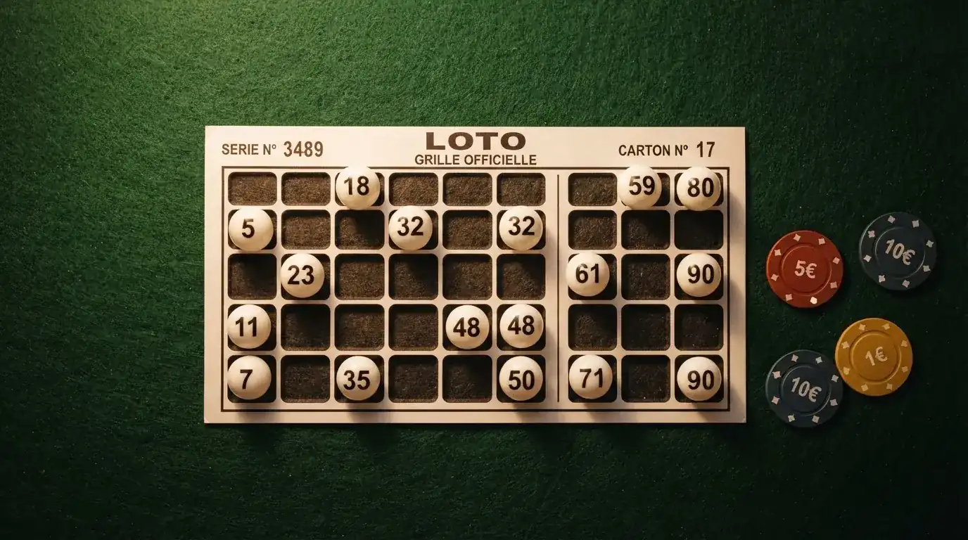 Grille de bingo avec un carton 3 lignes sur 9 colonnes et des jetons numérotés posés dessus