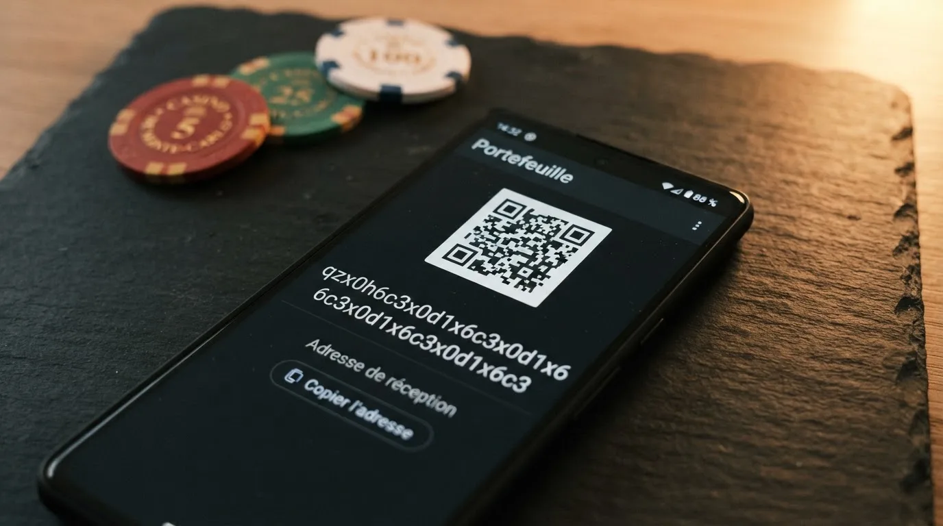 Gros plan sur une application de portefeuille crypto affichant une adresse Bitcoin Cash au format CashAddr commençant par la lettre q, sur fond de pièces BCH.