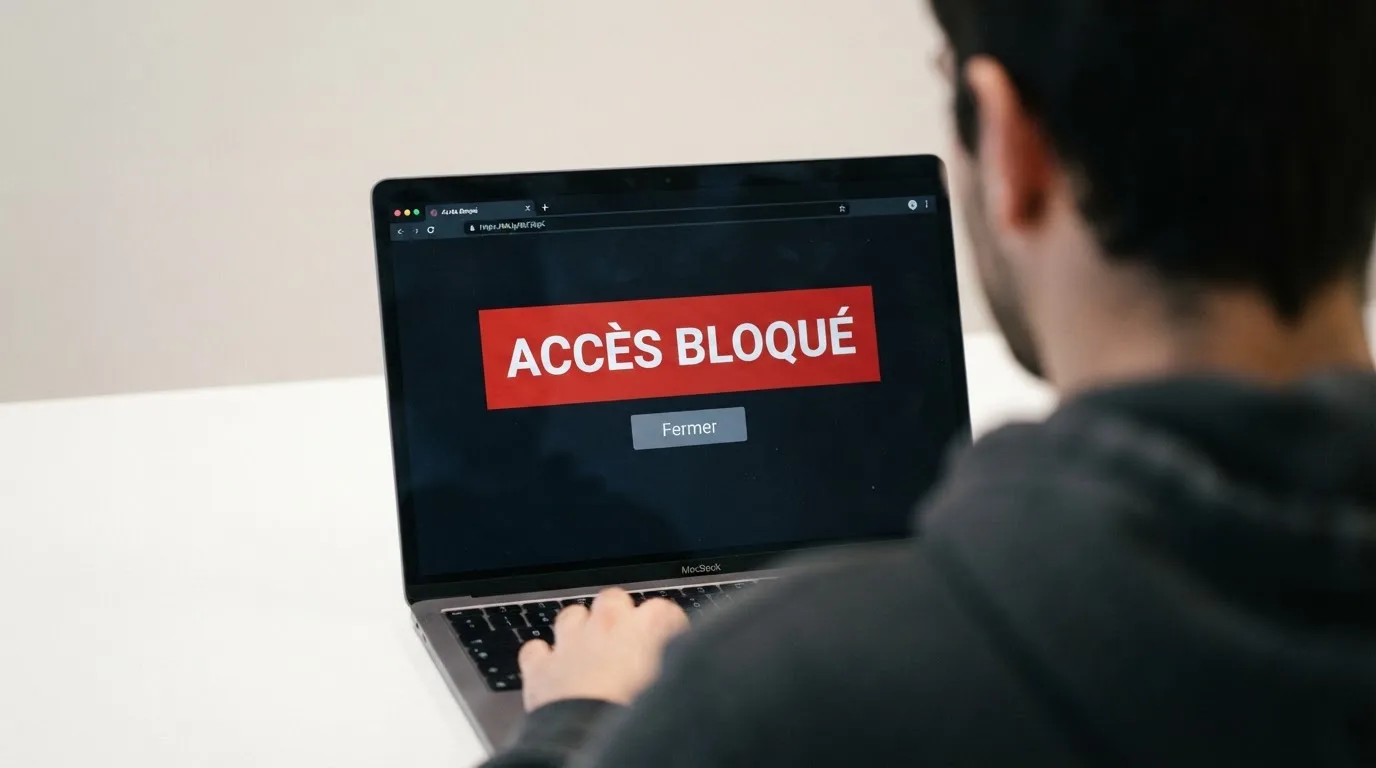 écran affichant un avertissement de blocage d'accès à un site de jeu