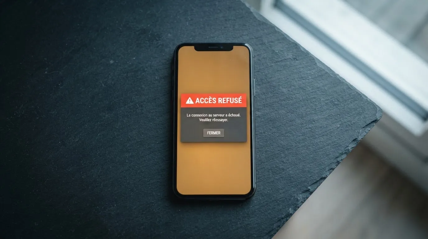 Écran de smartphone affichant un avertissement officiel sur les jeux d'argent illégaux en ligne en France