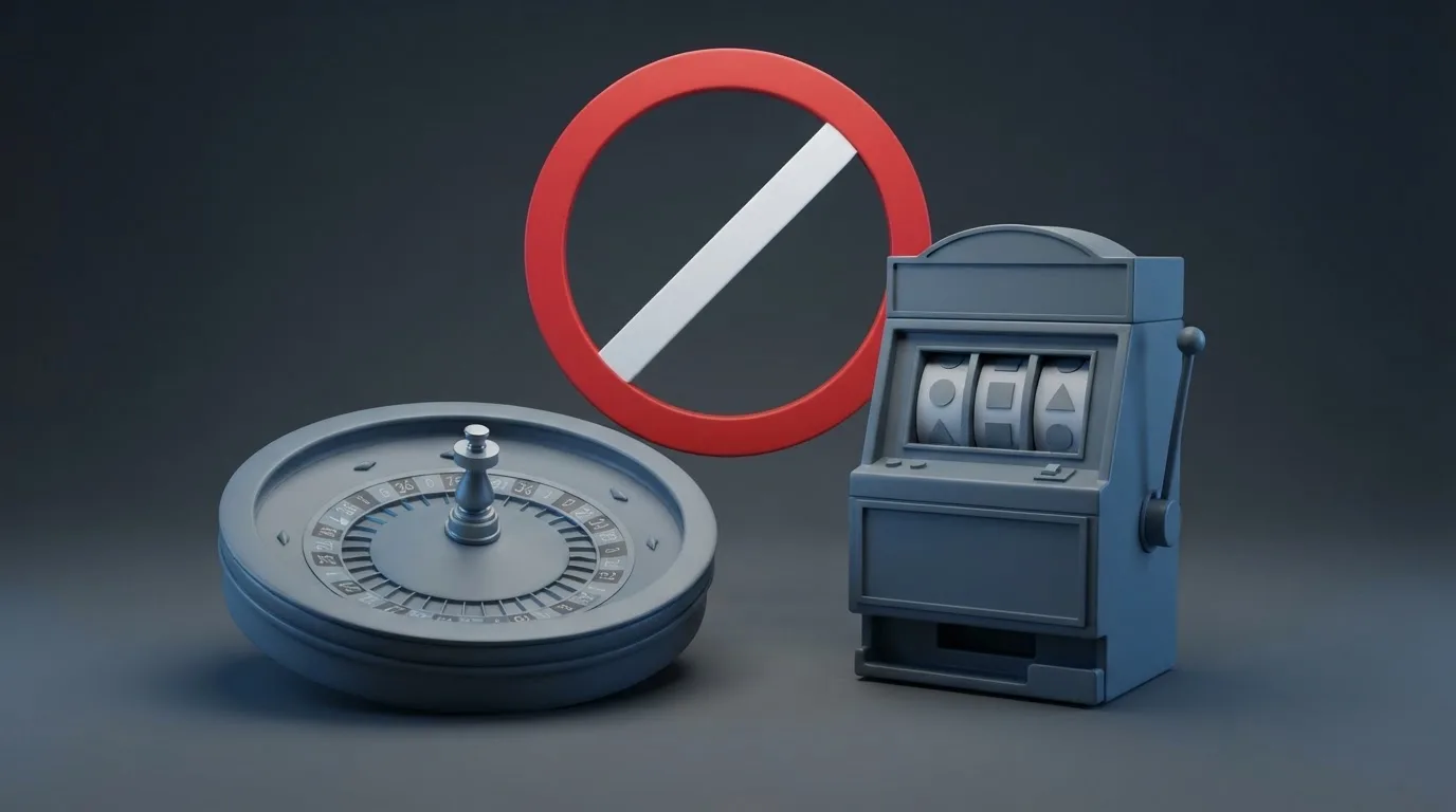 pictogramme d'interdiction superposé à une roulette et des machines à sous, illustrant l'interdiction du casino en ligne en France