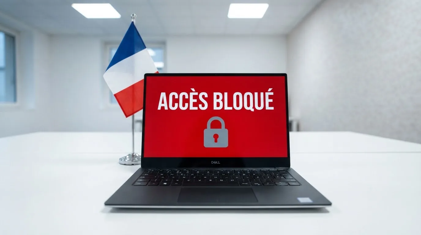 Un écran d'ordinateur affiche un message d'accès bloqué à un site de jeux d'argent non autorisé, sur fond de drapeau français stylisé.