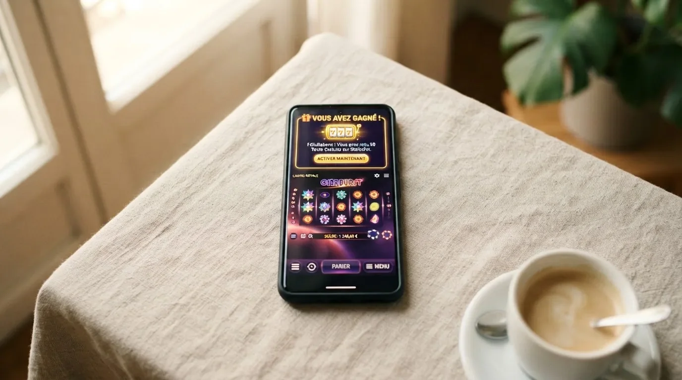 Écran de smartphone affichant l'interface mobile d'un casino en ligne avec une notification de tours gratuits