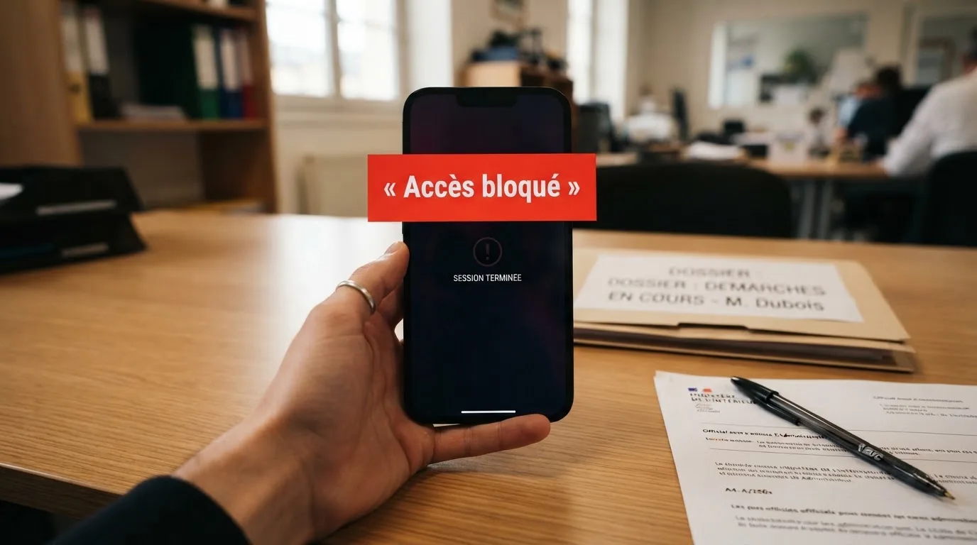 Main tenant un smartphone affichant un écran de blocage de site avec un message d'avertissement rouge, dans un décor évoquant un bureau administratif français.