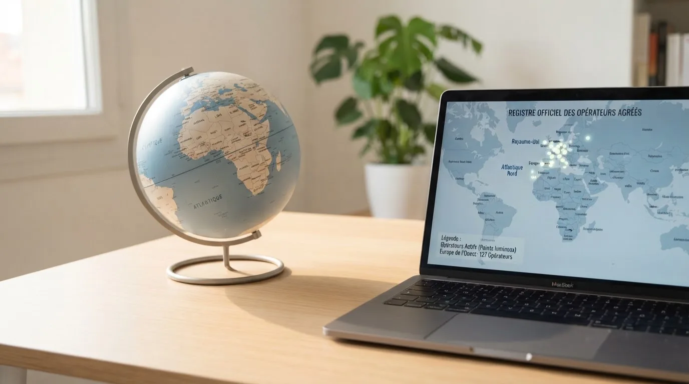Un globe terrestre posé à côté d'un ordinateur portable affichant une carte du monde.