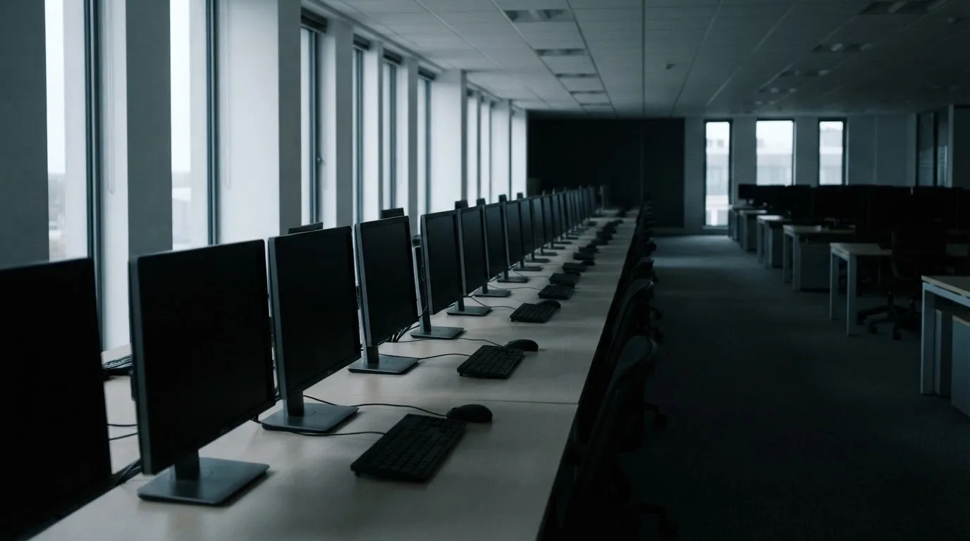 Une rangée d'écrans d'ordinateur éteints dans un bureau vide.