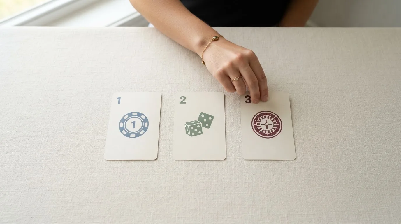 overhead flat-lay of a hand ranking printed casino logos on numbered cards on a desk