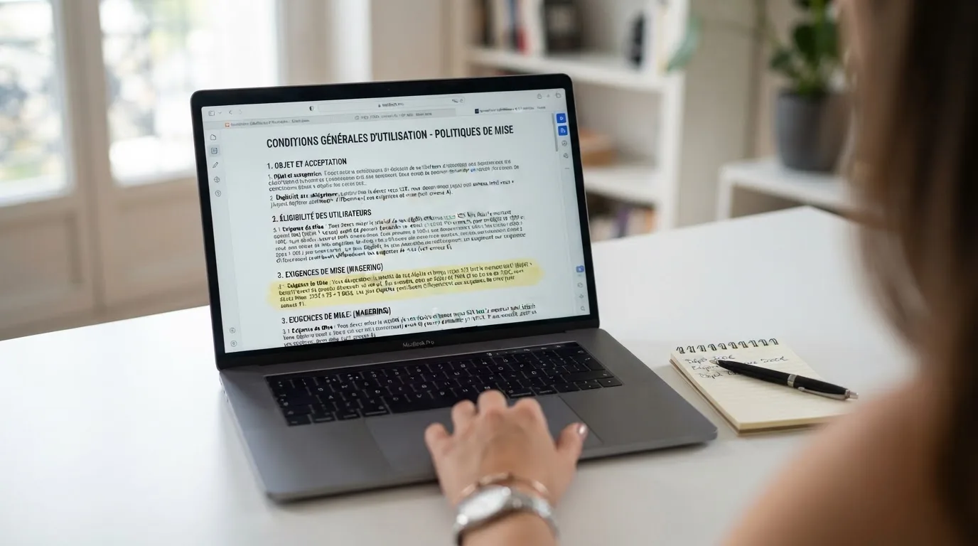 Capture d'ecran des conditions generales d'un bonus de bienvenue en ligne