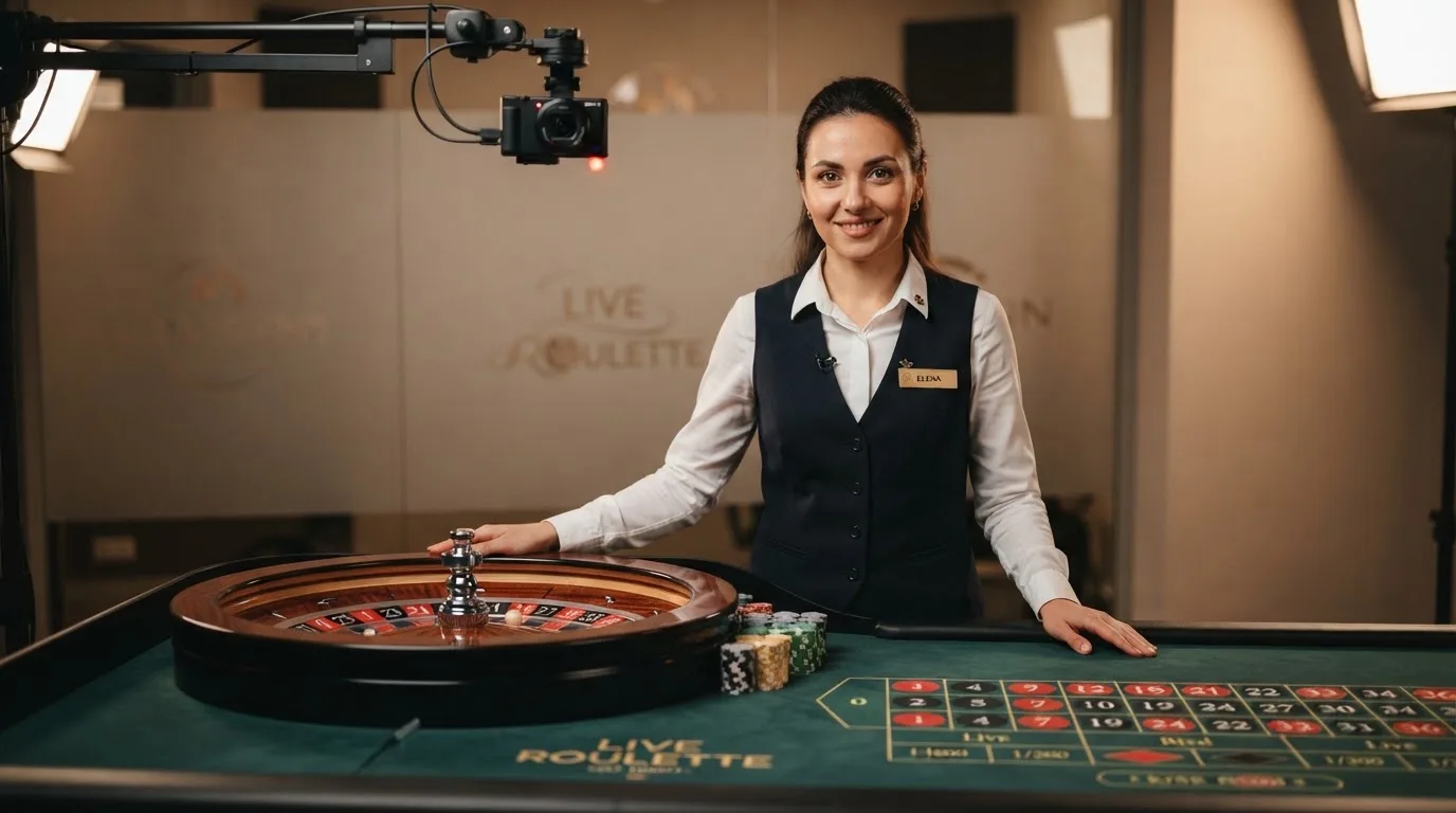a live dealer standing at a roulette wheel under studio lighting, streaming camera visible above the table