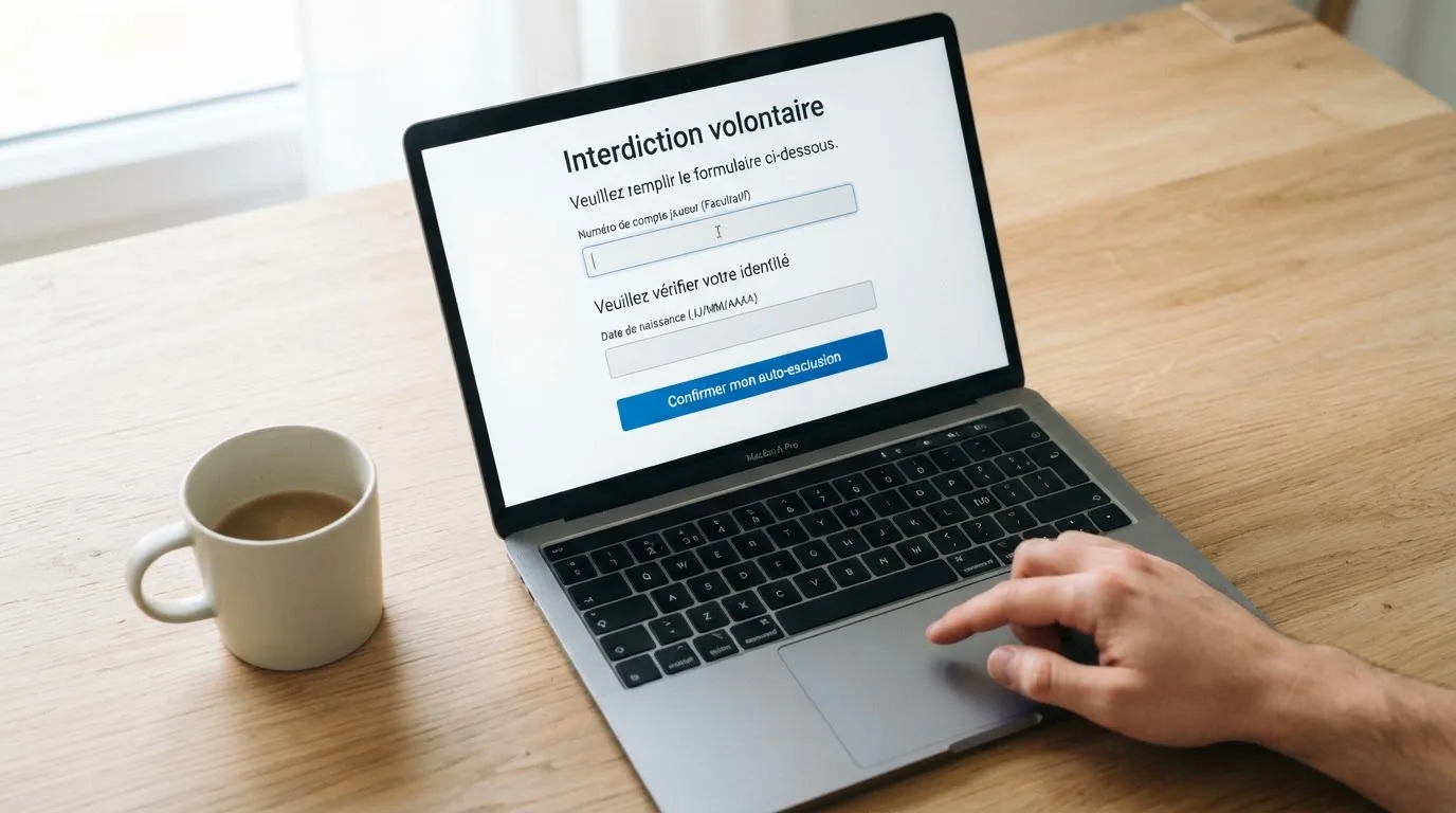 a laptop screen showing a government self-exclusion registration form with an identity-check step, no logos visible