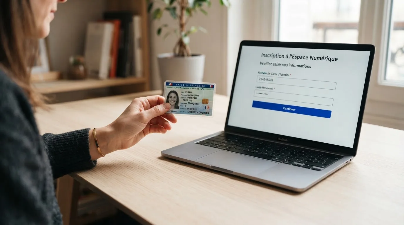 Close-up of a hand holding an identity document next to a laptop showing an online registration form