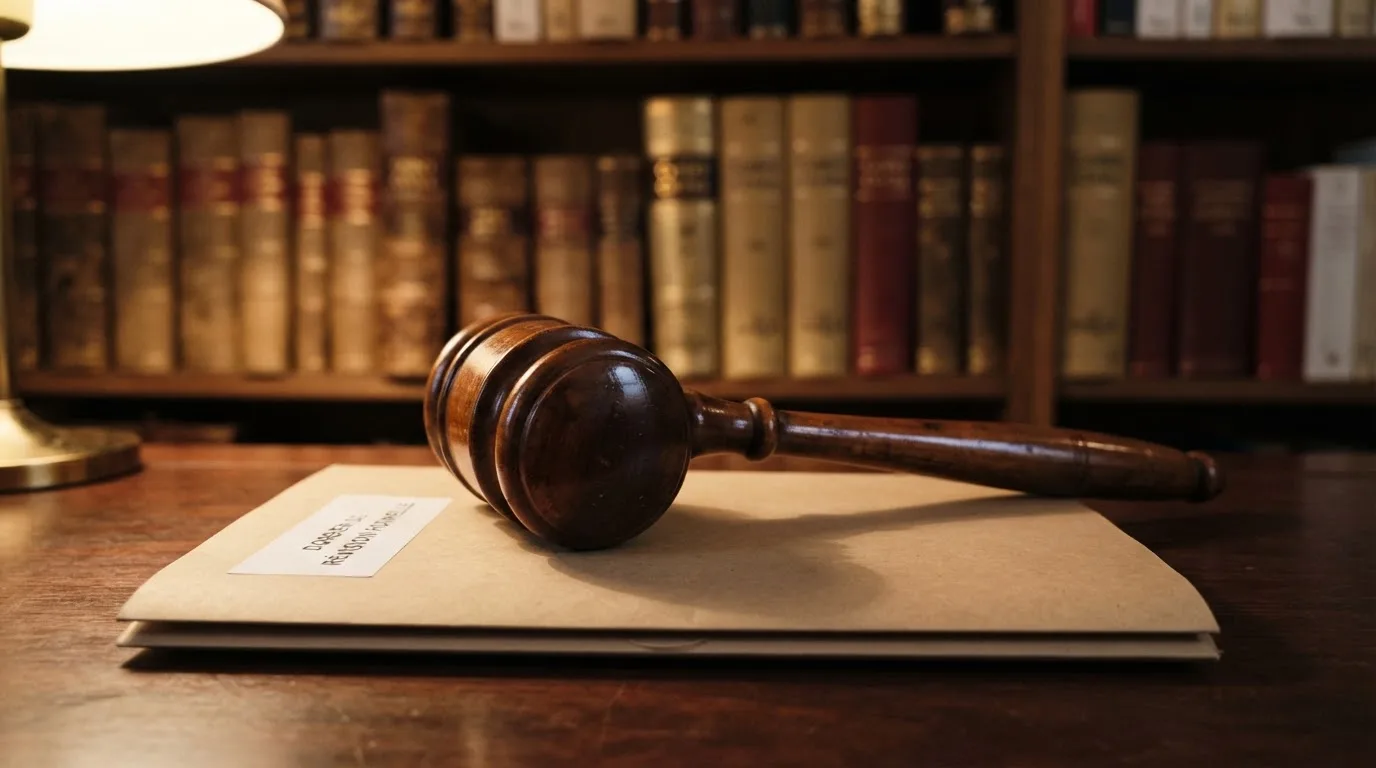 A gavel resting on a folder marked with a legal document, symbolizing regulatory enforcement