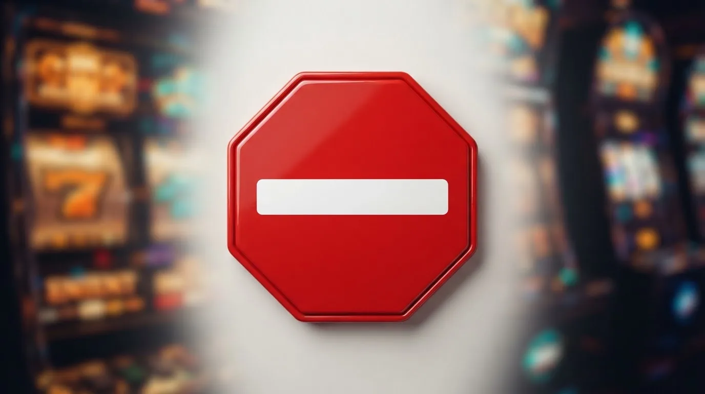 a red official-style stop/prohibition icon overlaid on a blurred casino slot-reel background