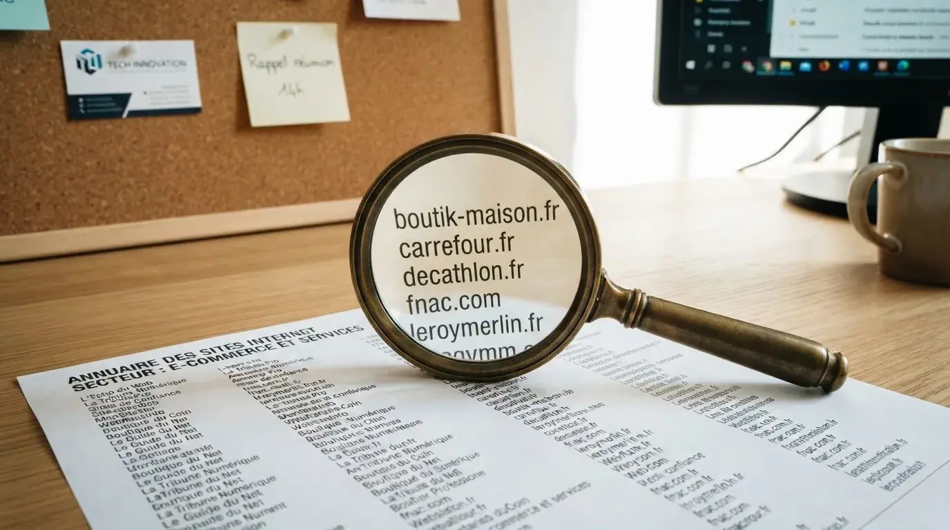 Une loupe posée sur un document imprimé listant des noms de sites internet.