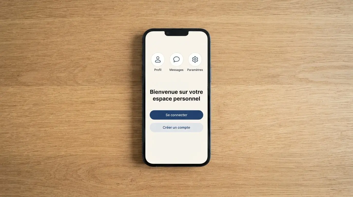 Un smartphone posé sur une table affichant une interface d'application, sans logo visible.