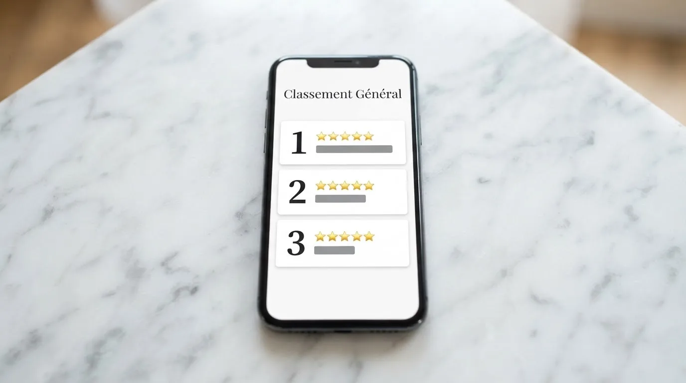 Liste de notes et d'étoiles affichée sur un écran, évoquant un classement d'applications sans nom de marque.
