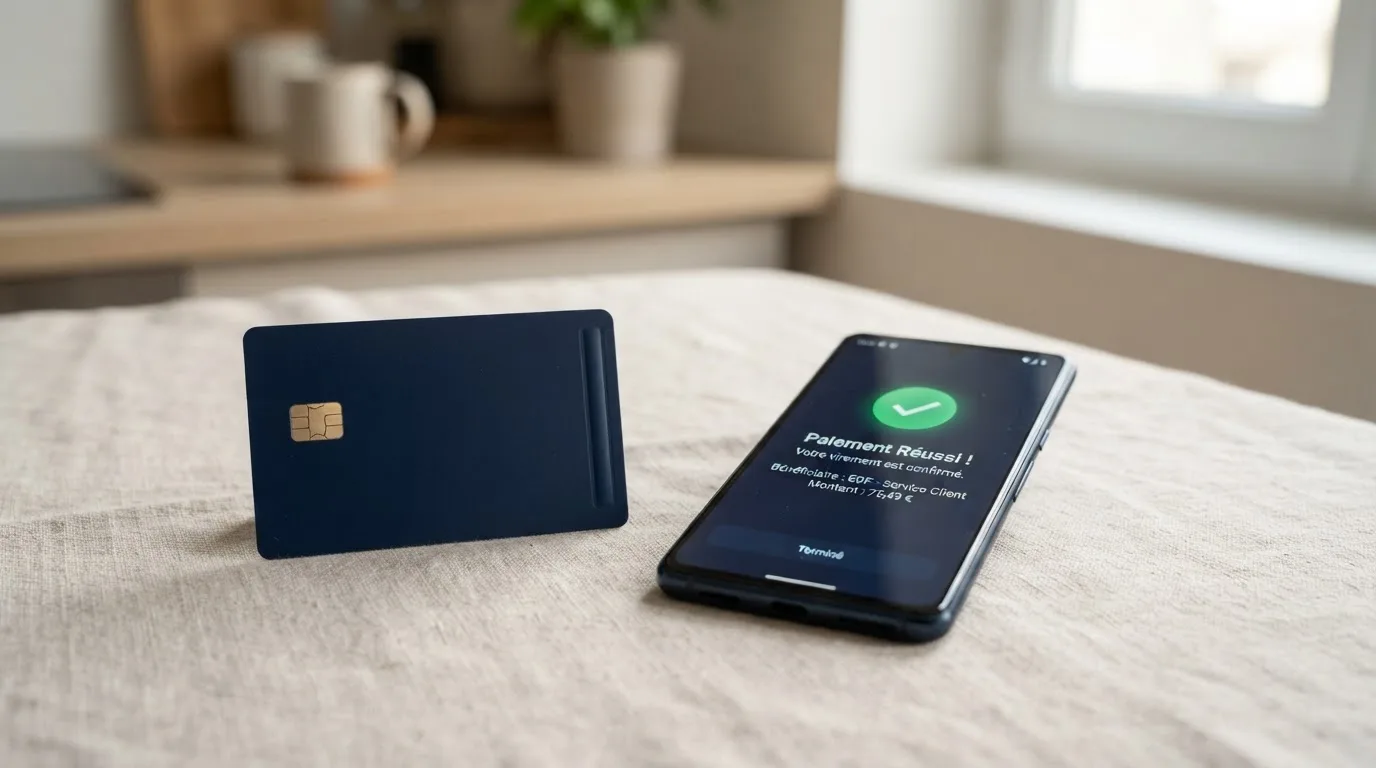 Close-up of a bank card and a smartphone displaying a payment confirmation screen