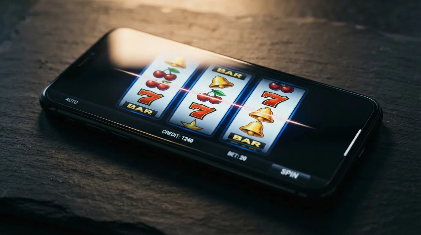 rouleaux d'une machine à sous en gros plan sur un écran de smartphone