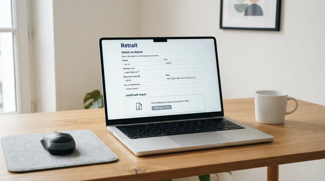 Formulaire de retrait en ligne affichant une demande de justificatif avant validation du paiement